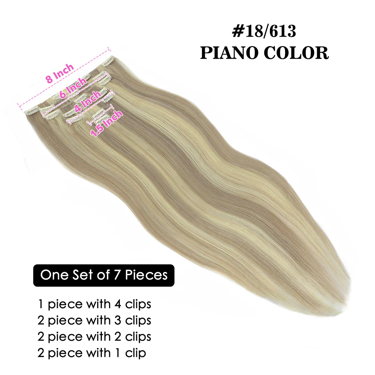 مقاطع في وصلات الشعر شعر بشري حقيقي البيانو اللون الرماد وشقراء 7 قطعة وصلات شعر بمشبك مستقيم إضافة طول وحجم الشعر
