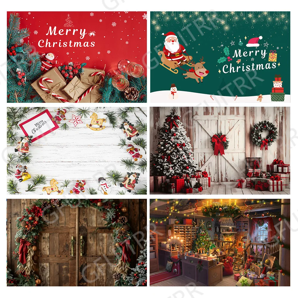 Christmas Photo Backdrop Santa Claus Tree Gift Teddy Bear Baby Winter Snow Wood Floor Family Party Photo Background Props