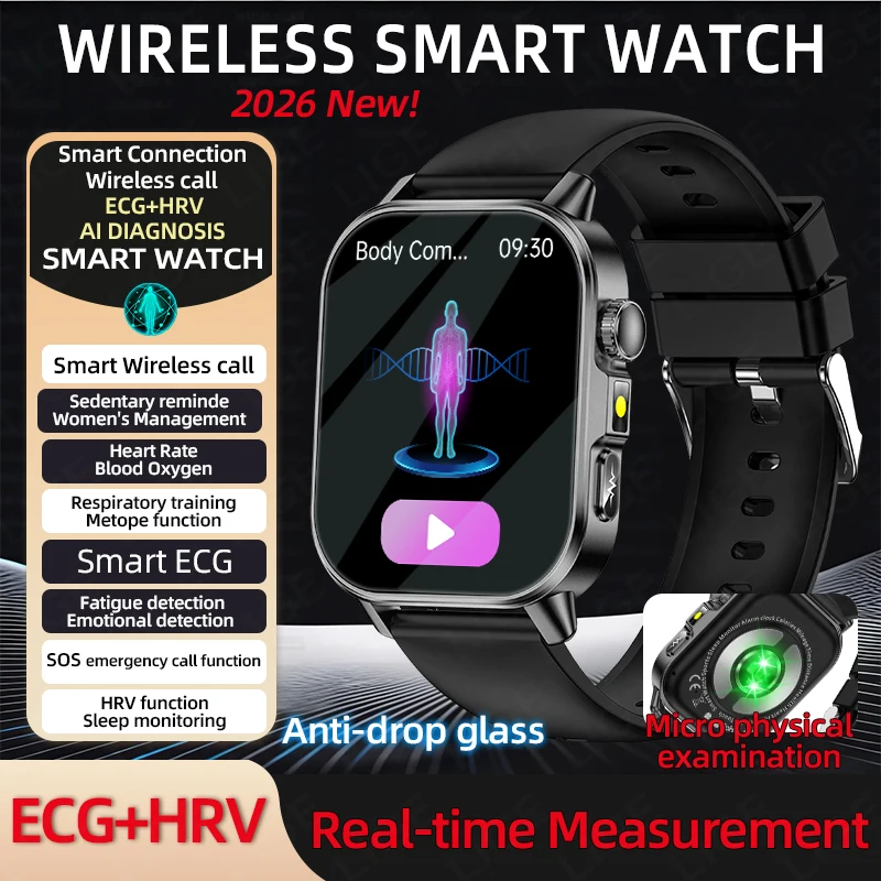 

NEW Nursing Health Grade Smart Watch Men Blood Lipid Uric Acid ECG+PPG Body Fat BMI Tracker Bluetooth Call Flashlight Smartwatch