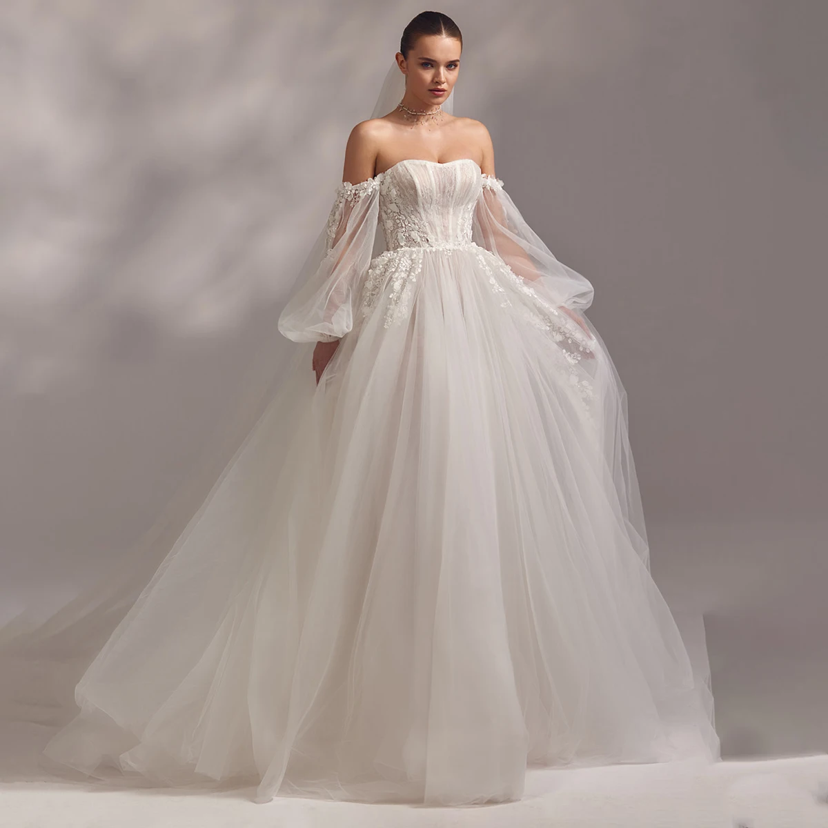 

Classic Appliques Lace Long Sleeve Wedding Dresses Tulle Long Sleeve Ball Gown For Bride Puffy A Line Bridal Party Gown