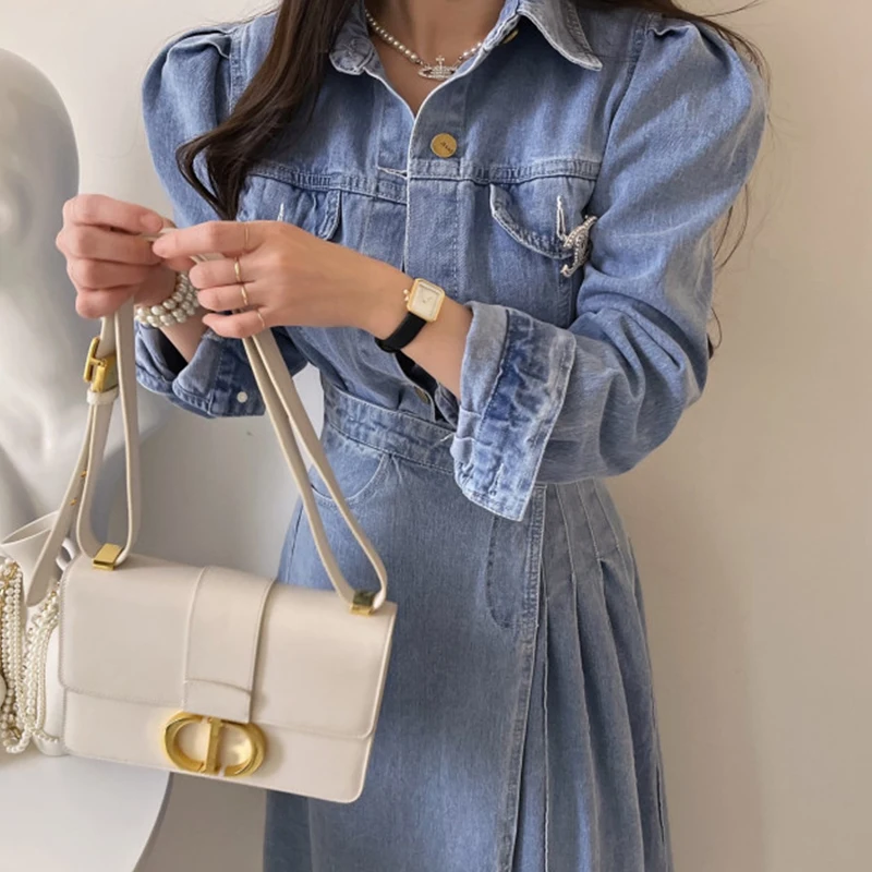 Conjunto de Moda Fena com Csa Jeans de Manga Longa com Gola Retro Chic de Verão e Saia Midi Justa de Cintura Alta em A...