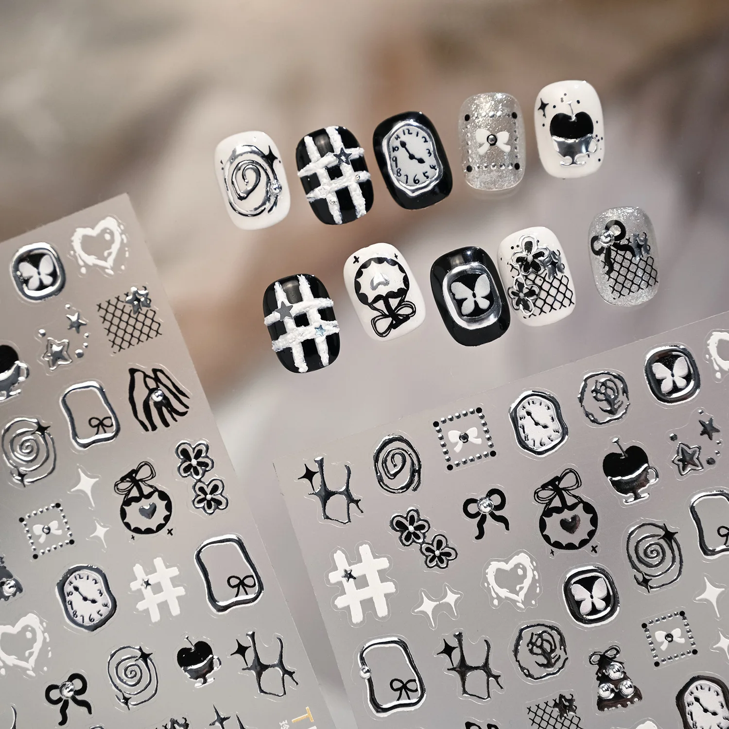 Black Bowknot Flower Grid Apple Star Line Silver Clock Butterfly Christmas Tree Snowman Adhesive Nail Art Sticker Manicure Decal