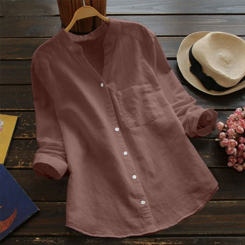 Ladies Casual Standup Collar Long irt Cleanfit Sle Button Detail Polyester Fabric Regular Sve Women's Top