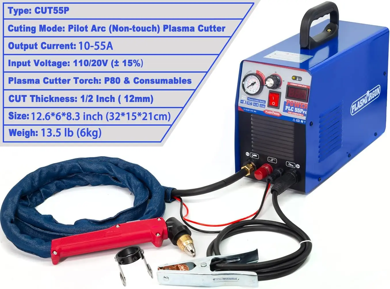 Imagem -05 - Plasmargo Cortador de Plasma a Arco Piloto Igbt Monofásico Máquina de Corte Cnc Plc55pro 55amp 14 mm Aço Cortado Todo o Metal