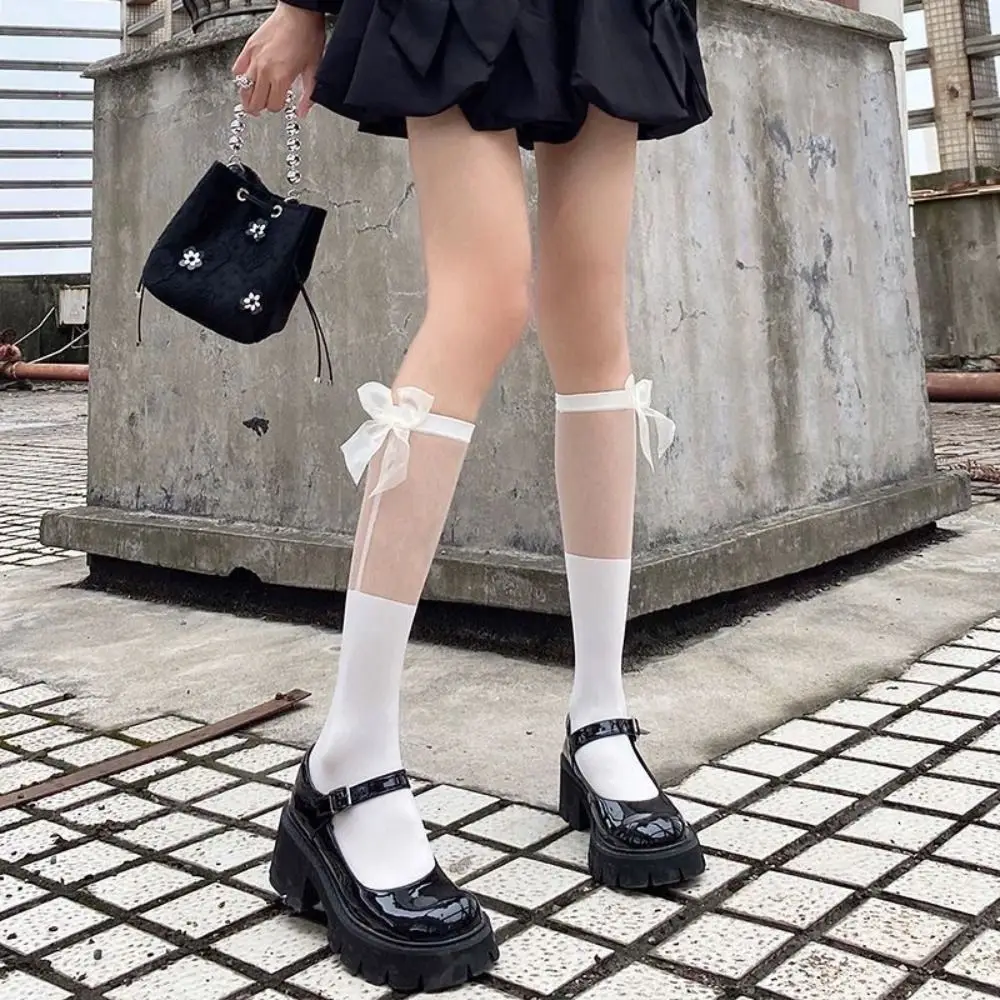 JK Woman Black White Lolita Long Socks Summer Thin Knee High Socks Fashion Cosplay Sexy Nylon Transparent Stockings