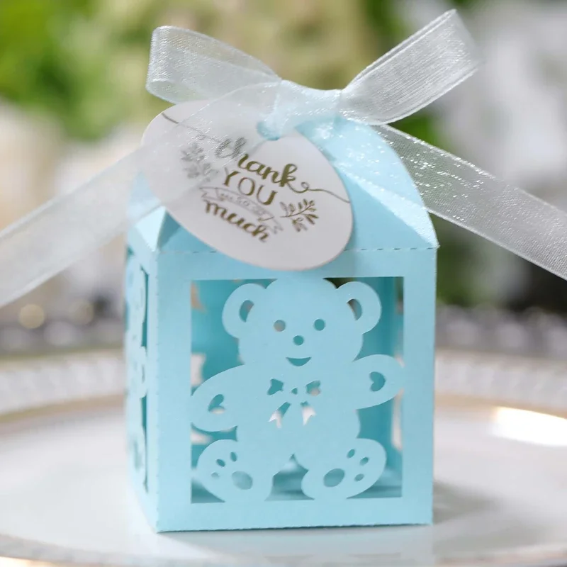 25/50/100pcs Candy Boxes for Baby Shower Birthday with Thank You Tags Ribbons Cute Bear Packaging Box for Chocolate Party Decor