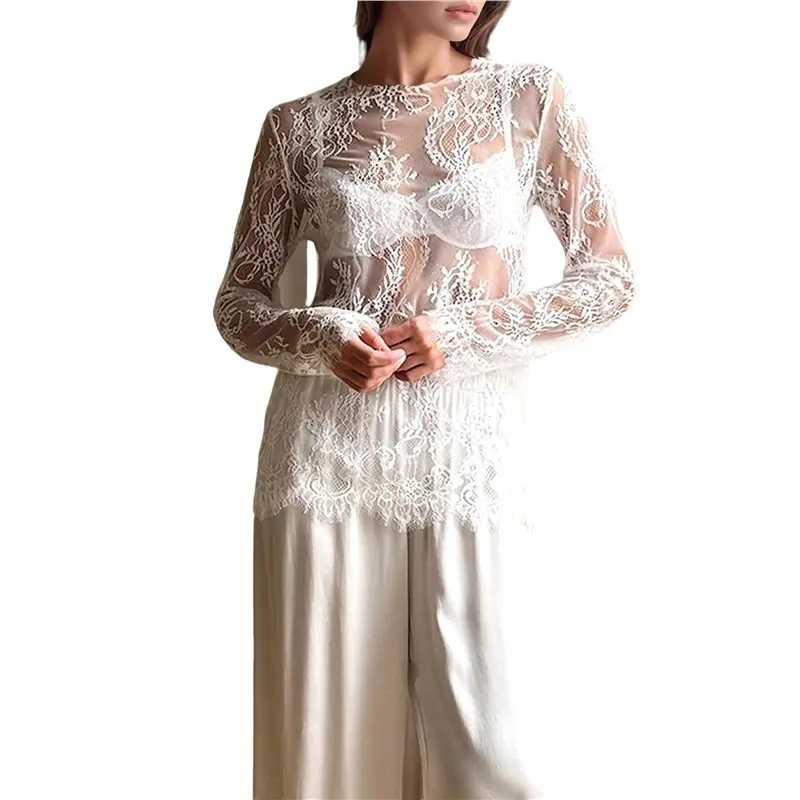 

NEW-Women Lace Long Sleeve Top Sheer Crew Neck Mesh Blouse Transparent See Through Shirt