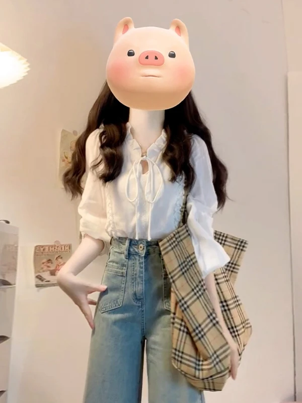 

Ele White V-Ne Tie-irt Women's Early Spring Cute Unique Beautiful Long Sve Top Korean Sle Loose Fit Commute Wind