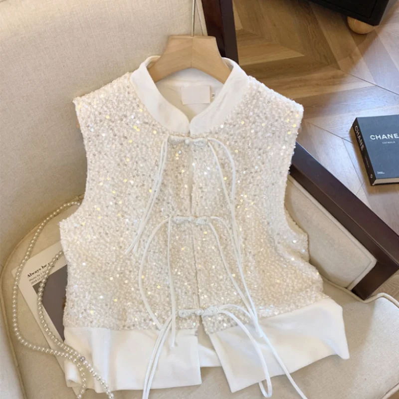 2024 New Spring and Autumn Chinese Style Fashion Chic Versatile Sleeveless Standing Neck Sequin Bandage Women's Vest Top