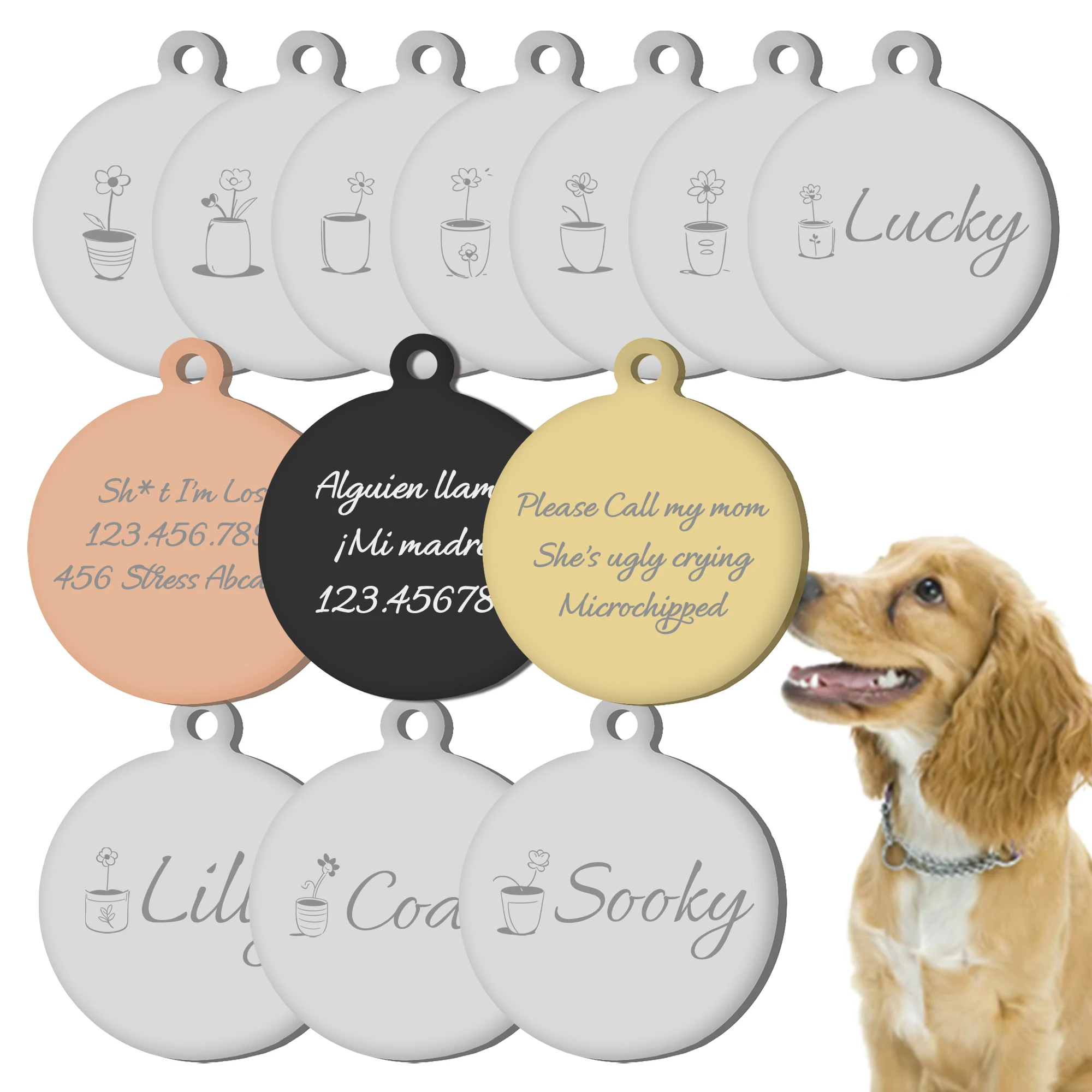 Personalized Round Pet ID Tag - Waterproof Stainless Steel, Custom Text Engraving with Beautiful Flower Designs for dog cat