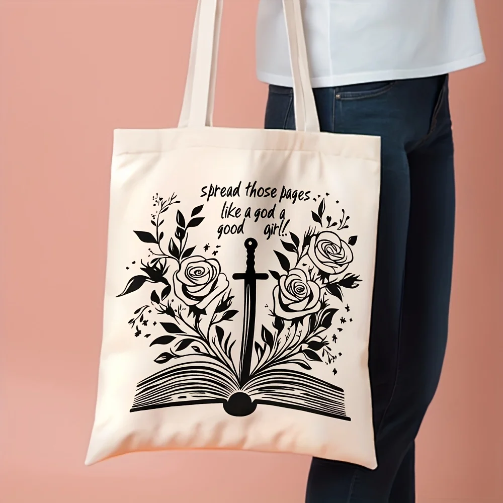 1pc,Dark Academia Bookish Tote Bag, Floral Sword Open Book Print Reusable Shoulder Bag, Aesthetic Grocery Bag for Fantasy Reader