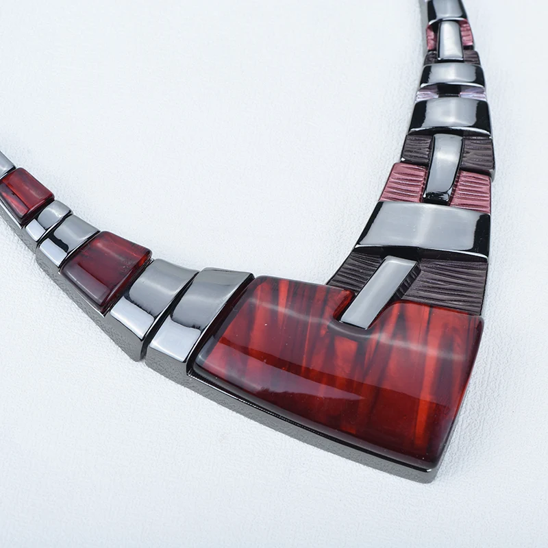ICEYY Vintage Fashion Brand Red V shaped Resin Chunky Necklace Earrings Jewelry Set for women Free shipping Engagement Gift