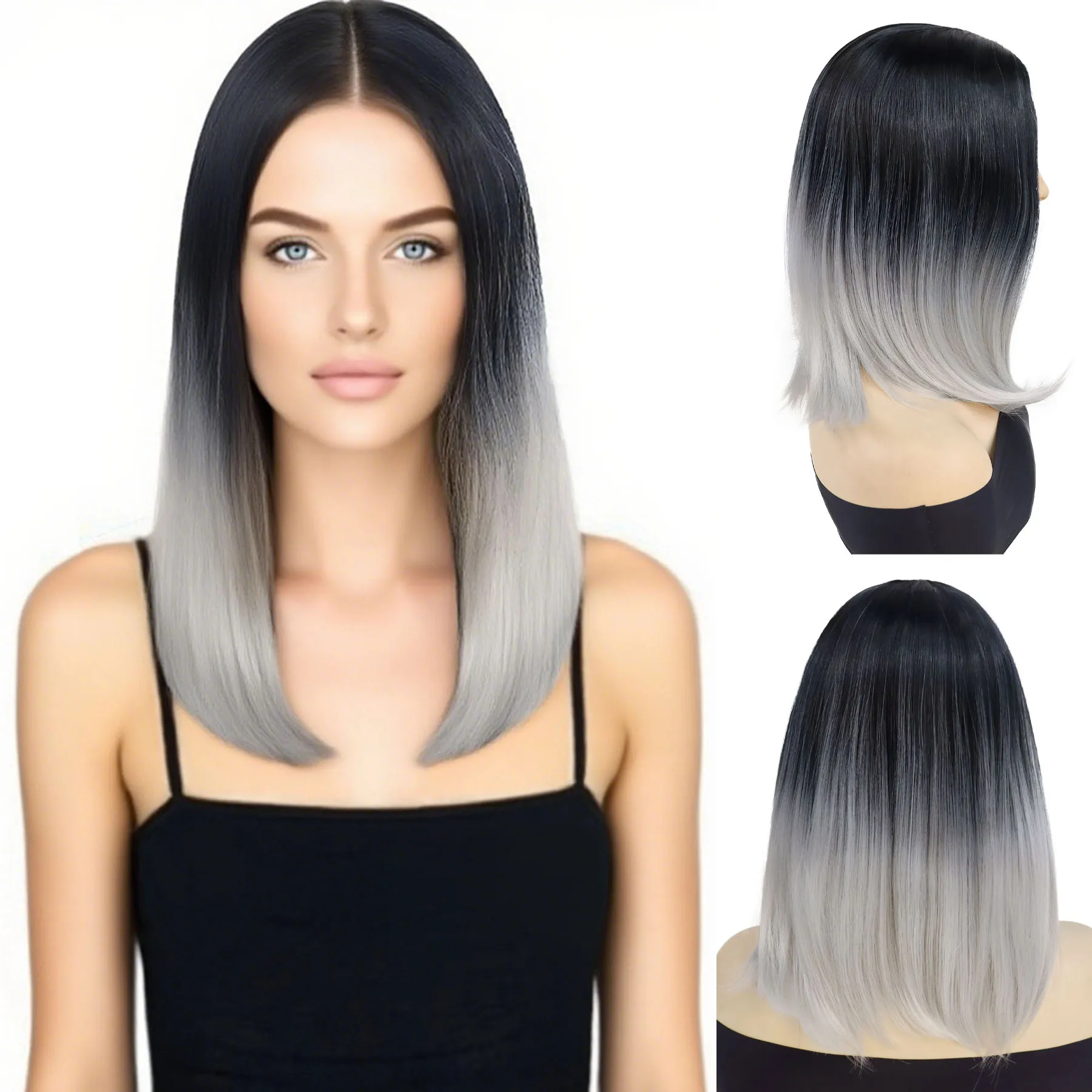 

Synthetic Hair Ombre Grey Dark Root Cosplay Wig Short Straight Bob Wigs for Women Lady Heat Resistant Costume Party Halloween
