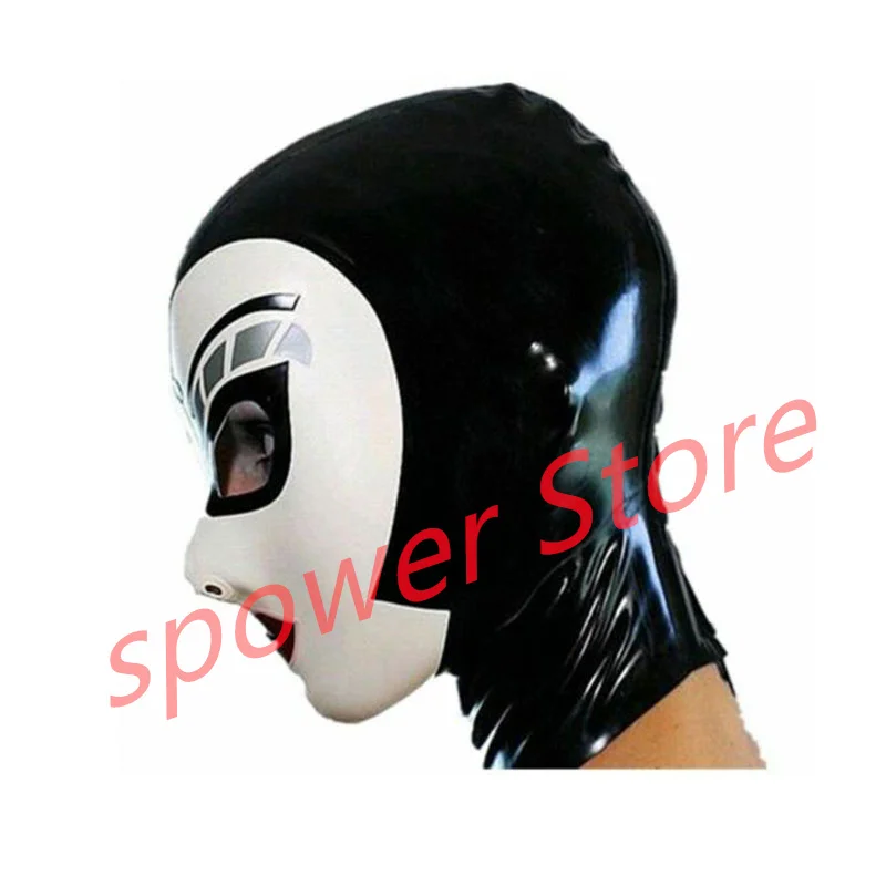 

Natural Latex Full Head Latex Hoods Rubber Mask Fetish Halloween Cosplay Costumes Red with White Trim Back Zip Club Wear