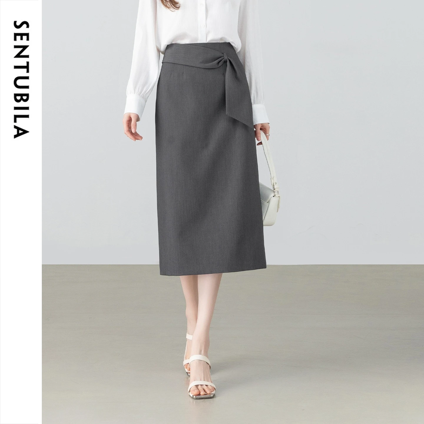 SENTUBILA Women's Straight Midi Skirt 2026 Autumn Diagonal Sash Back Slit Gray Skirts for Woman Work Office Clothes 161QF6874