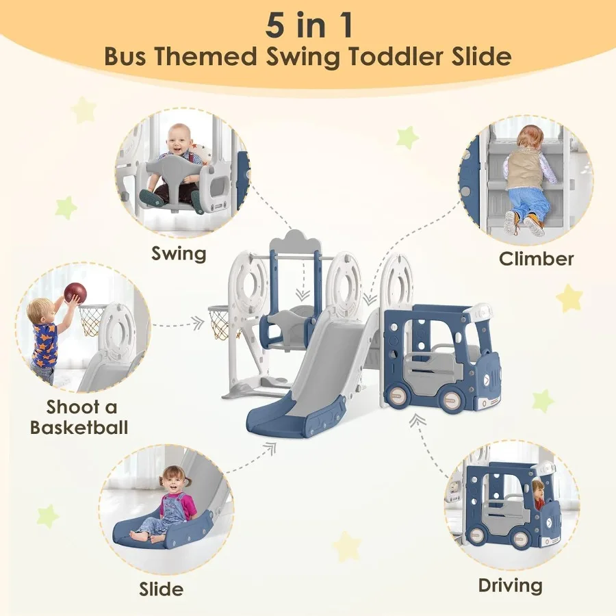 Ensemble toboggan et balançoire pour tout-petits 5 en 1, toboggan pour bébé sur le thème du Bus pour tout-petits de 13 ans, aire de jeux extérieure et intérieure pour tout-petits, bleu gris