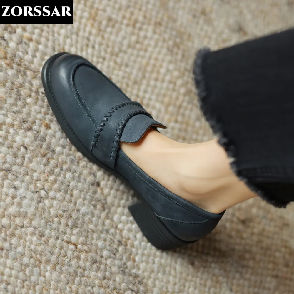 

2024 British Style Soft Leather Women Flat Shoes Blue Brown Genuine Leather Penny Loafers Slip On Casual Oxford Shoes For Women