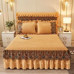 Luxury Thick Velvet Quilted Bed Skirt Queen Size Warm Soft Plush Bedspread Lace Embroidery Bed Sheet Not Included Pillowcase