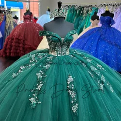 Luxury Emerald Green Sweet 16 Ball Gown Quinceañera Dresses Off Shoulder Beaded Sequins Crystals Appliques Vestido De 15 Anos