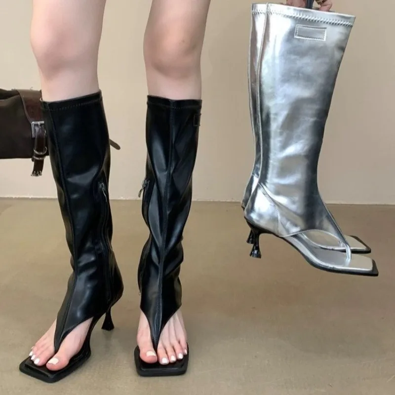Sandales romaines d'été pour femmes à bout carré, à entre-doigts, avec fermeture éclair et talon élastique