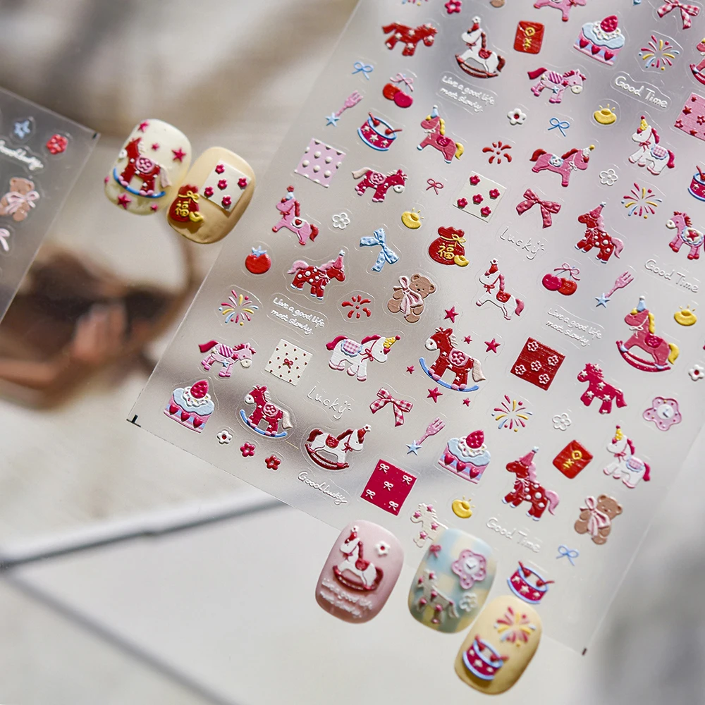 Naklejki na paznokcie 5D z motywem noworocznym, tłoczone konie trojańskie/niedźwiedzie, samoprzylepne, różowe kokardki, kreskówkowe konie, naklejki kawaii, kolorowe slidery z koniem.