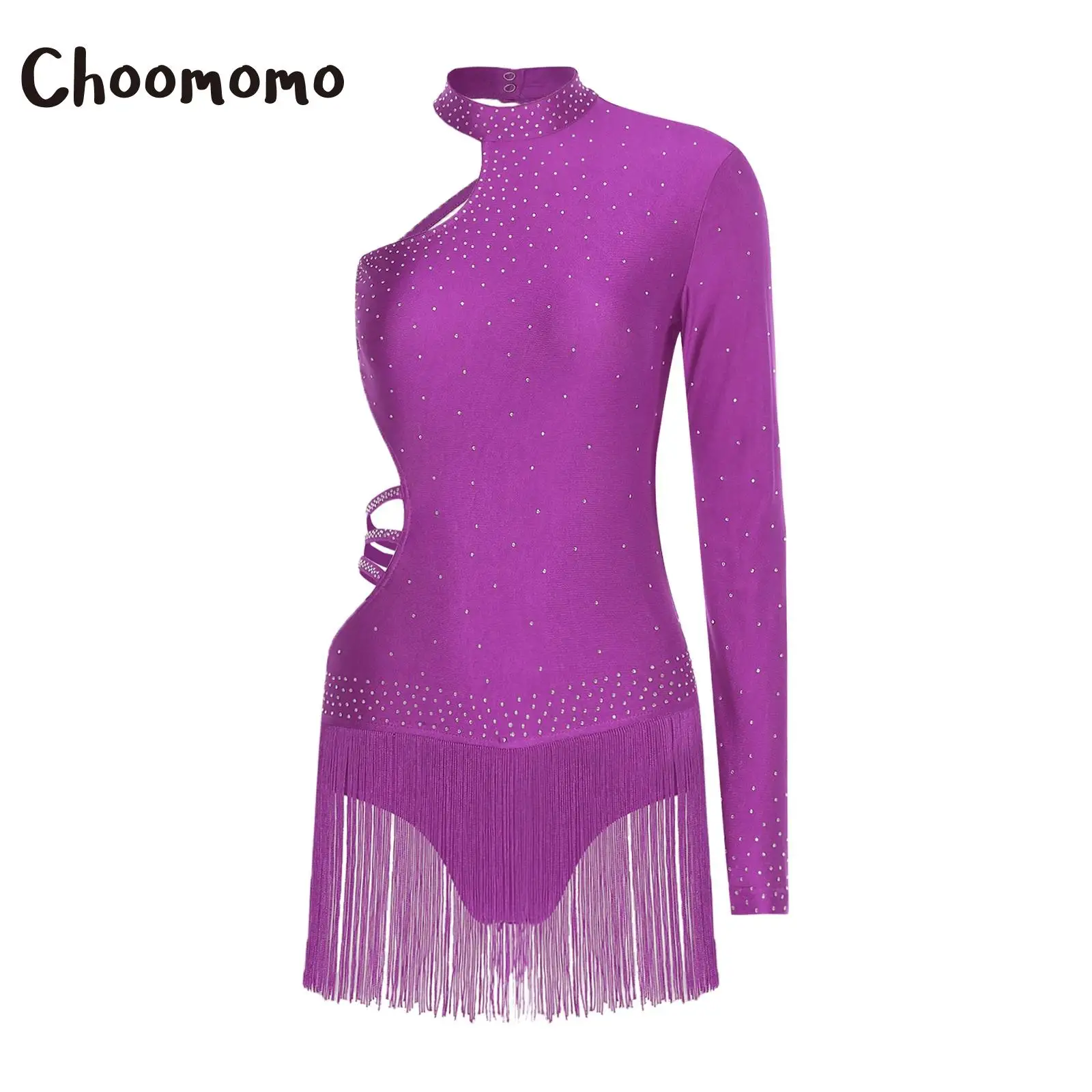 Womens Latin Jazz Dance Leotard Dress Single Long Sleeve Ballerina Costume with Strappy Backless Tassel Design Skirted Bodysuit