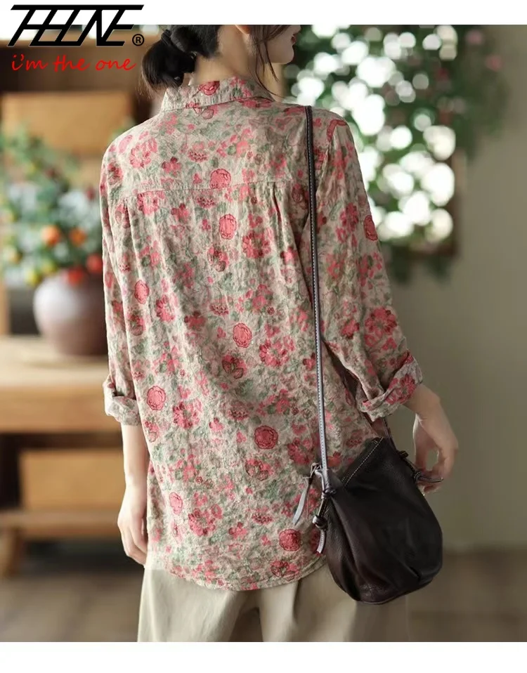 Blusa vintage de lino y algodón para mujer, camisa de manga larga con estampado de flores, informal