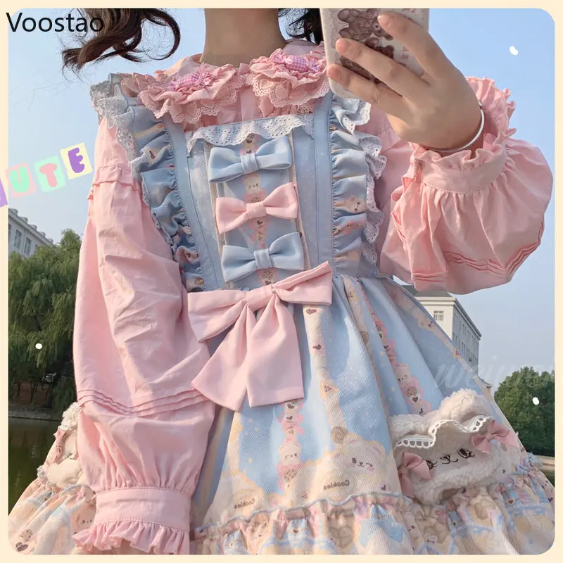 Blus Lolita Lucu Jepang Wanita Kawaii Permen Peter Pan Kerah JK Kemeja Atasan Anak Perempuan Manis Renda Lengan Puff Blus Chic