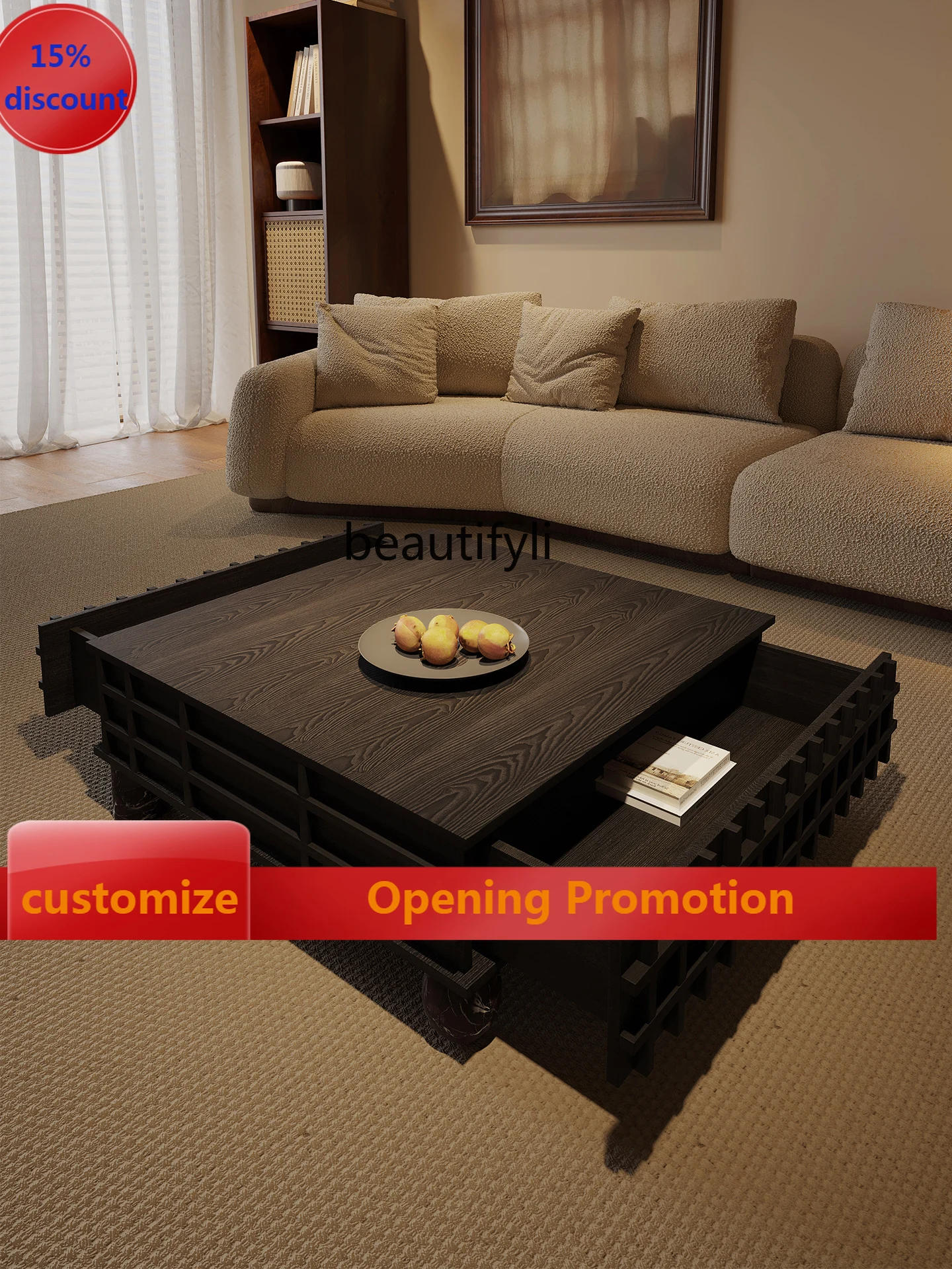 

Vintage Style Coffee Table Black Oak Color Square Tea Table Living Room Home Creative Retro Low Table G1218