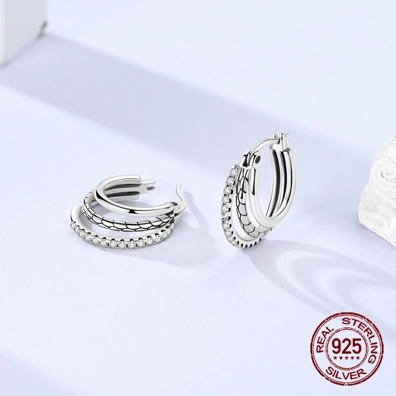 Triple Layered Hoop Earrings 925 Sterling Silver Pave CZ Multi Row Hypoallergenic Sparkling Statement Earrings Gift for Women