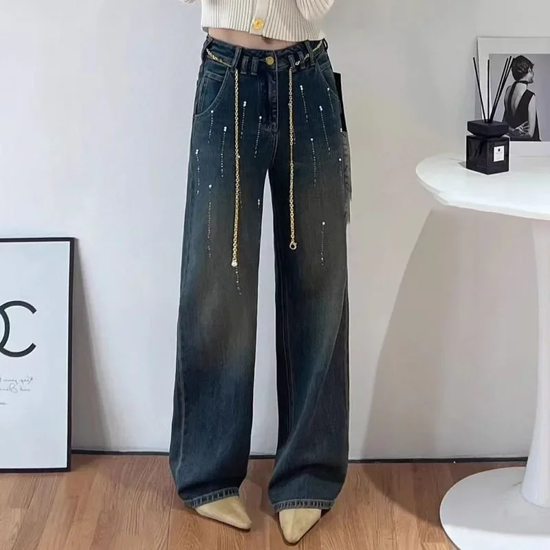 Spring New Loose Wide Leg Jeans for Women European Products Ins Hot Diamond Pants 2025 High Waist Versatile Floor Pants