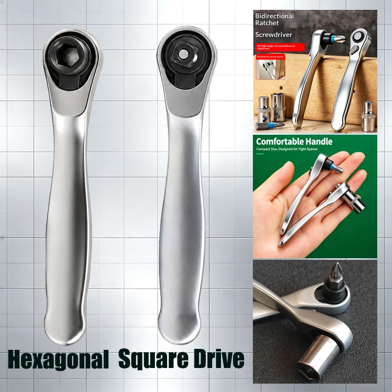 Mini Bidirectional Ratchet Wrench, 93mm Small Dual Direction Ratchet Screwdriver Hex / Square Drive Compact Ratchet Handle