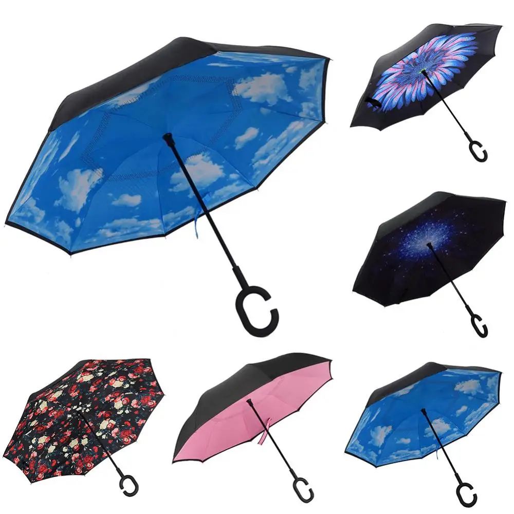 Hands-Free Umbrella Double Layer Anti-UV Windproof C-Shaped Handle Inverted Upstanding Umbrella Male/Woman Sun Rain Protector