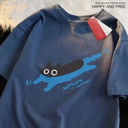Couple Tees Swimming Black Cat Diving Shoulder Short Sleeved T-shirt For Men Women Breathable Casual Pure Cotton Loose Tops