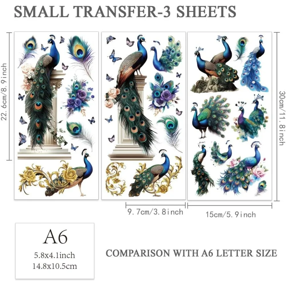 3pcs/Set Peacock Rub on Transfers for Furniture and Crafts 6x12 Inch Feather Furniture Transfer Sticker Furniture Decals Decor