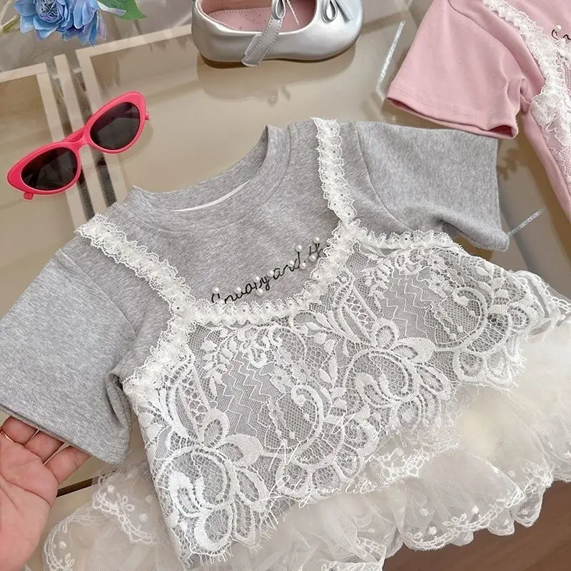 Summer Lace New Short Sleeve Pure Cotton T-Shirt for Girls False Two-Piece Style Large Kids' T-Shirt