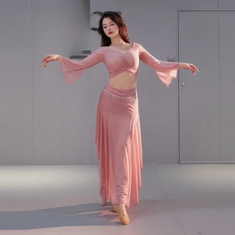 

Belly Dance Practice Wear New Style Set Mesh Oriental Dance Costume Long Skirt Ruffle Hem