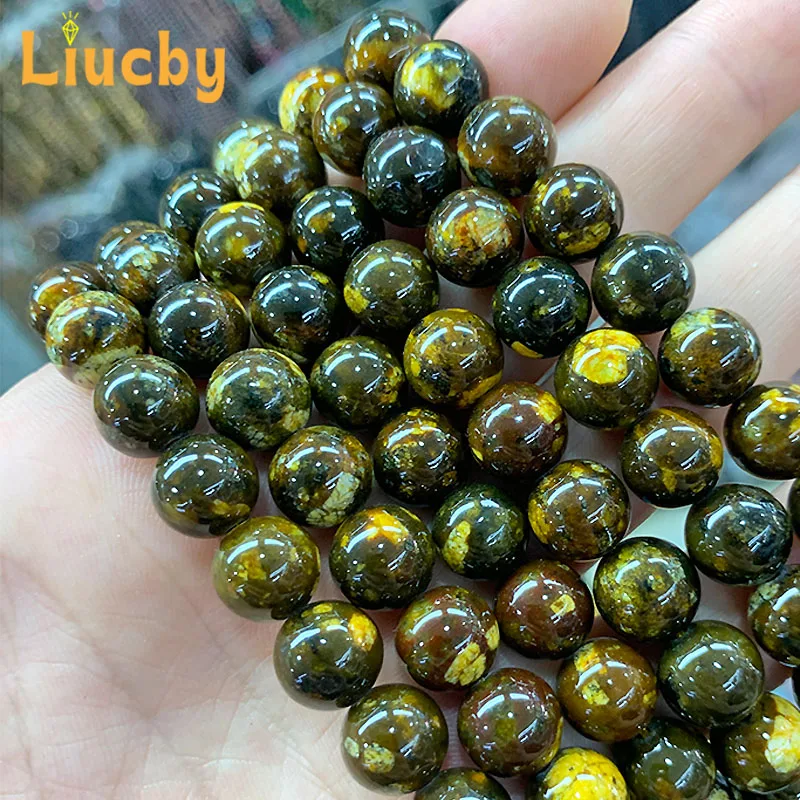 Natural Stone yellow Three Life Smooth Beads for Jewelry Making DIY Rings Bracelets Earrings Accessories 15\
