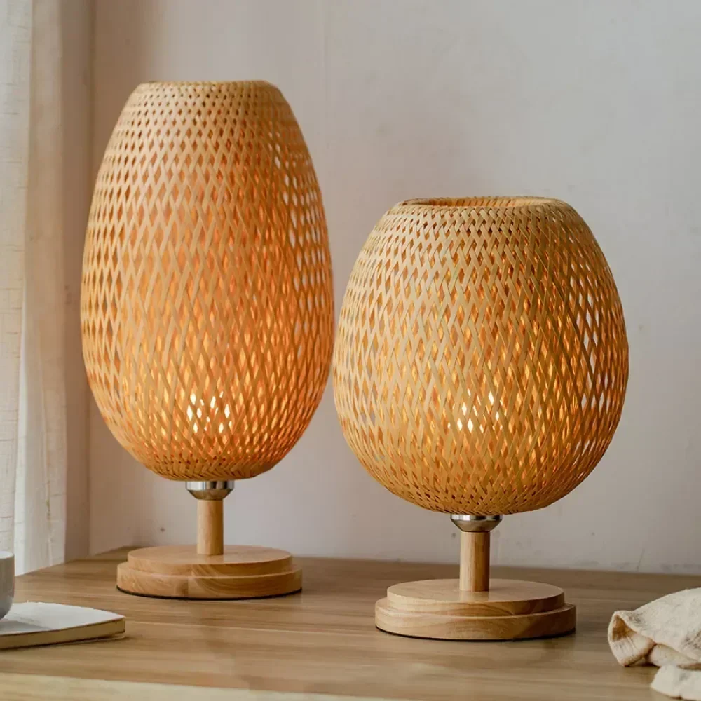 Bamboo Table Lamp, Hand Woven Rattan Wood Bedside Light, Natural Bedroom Desk Lamp, Modern Home Decor Art Lighting