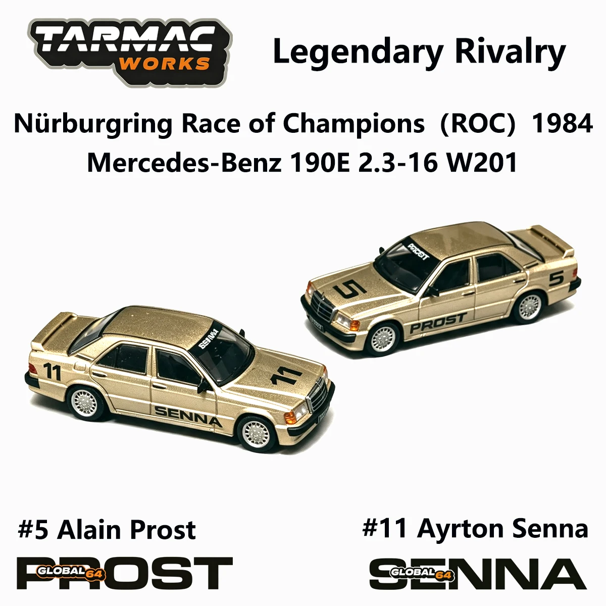 TW 1:64 Mercedes 190E #5 Alain Prost #11 Ayrton Senna 1984 Nurburgring Golden Rivalry Race Car Diecast Model in stock