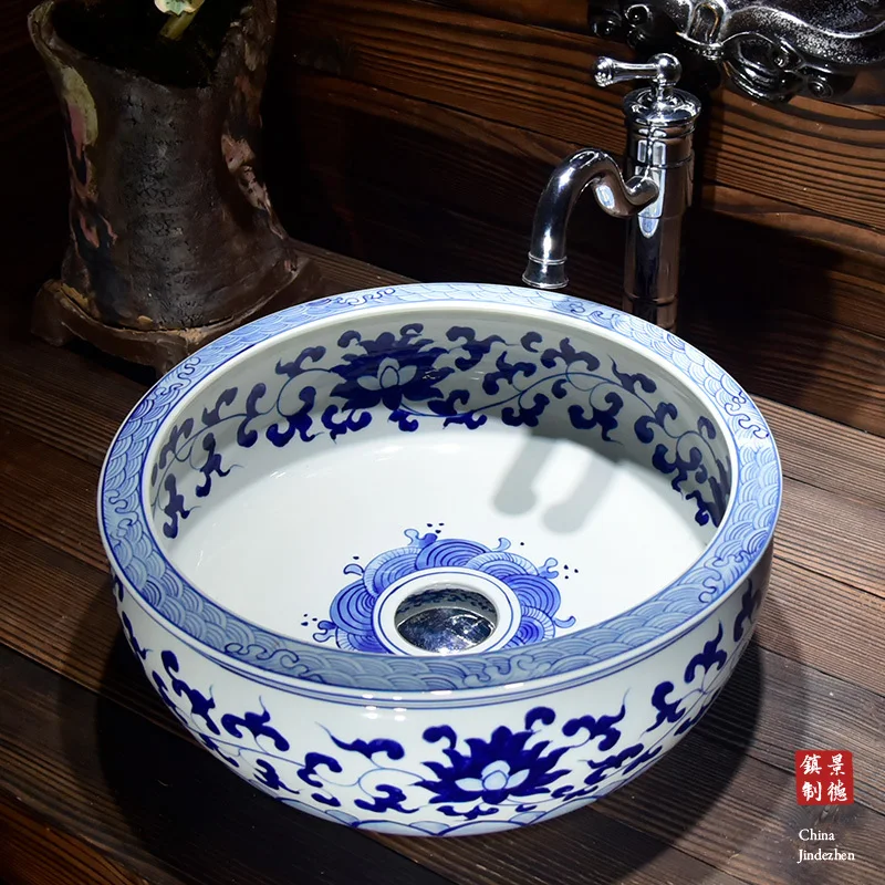 China Painting Red plum blossom Ceramic Painting Art  Bathroom Vessel Sinks Round counter top wash basin