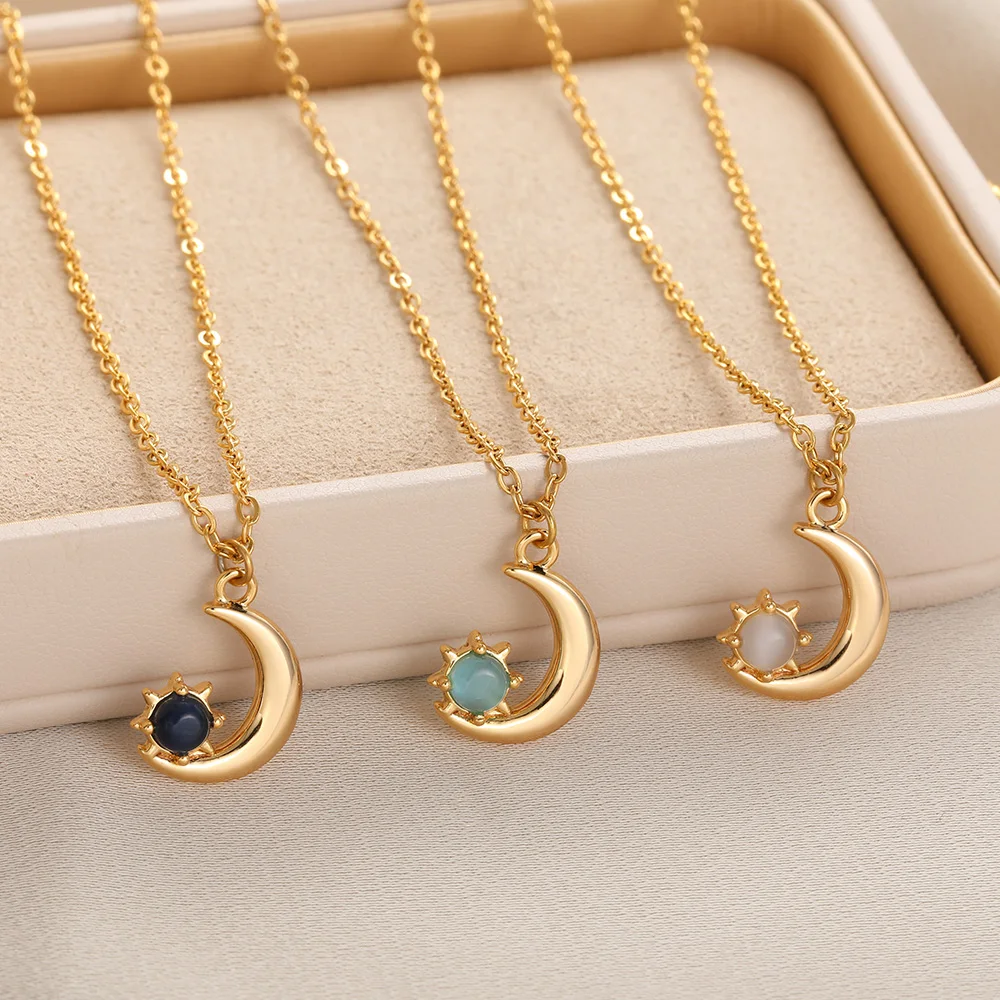 Opal Illusion Moon Necklace Zircon Smooth Sun Star Pendant Clavicle Chain For Women Galaxy Shiny Elegance Jewelry Gifts