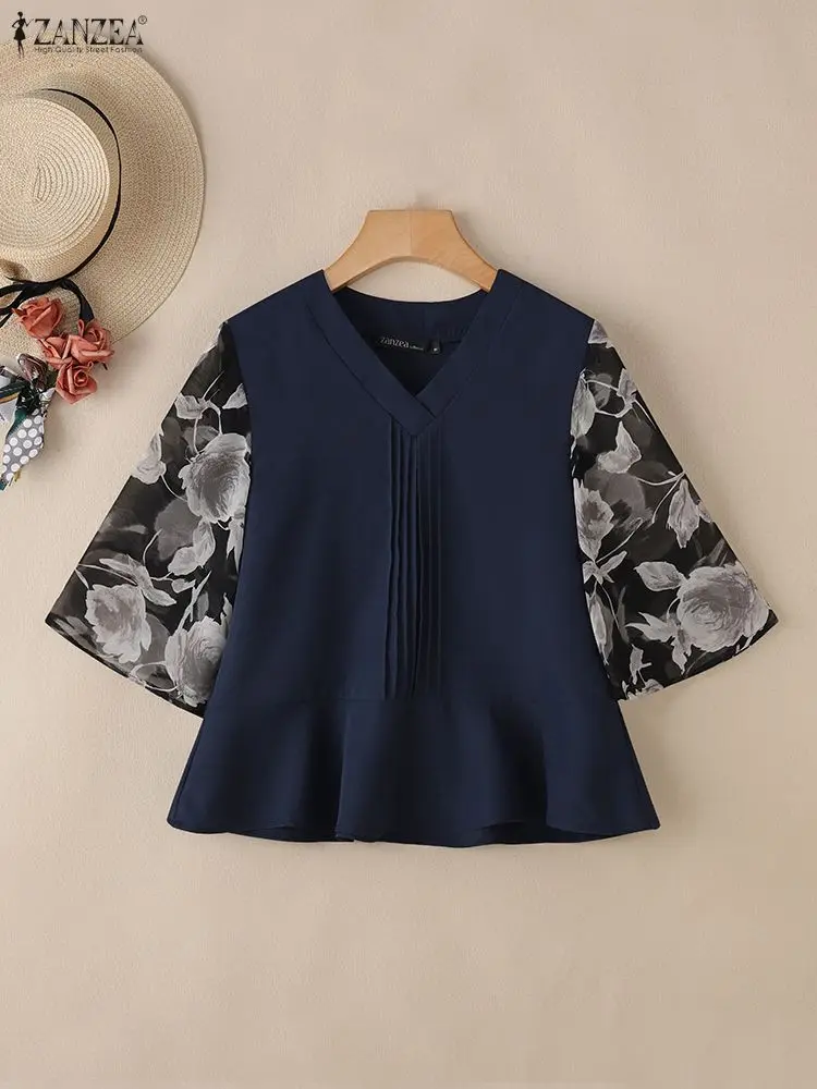 

ZANZEA Summer Floral Patchwork Blouse Women Stylish Office Work Shirt Pleated Tops Elegant V Neck 3/4 Sleeve Blusas Female Mujer