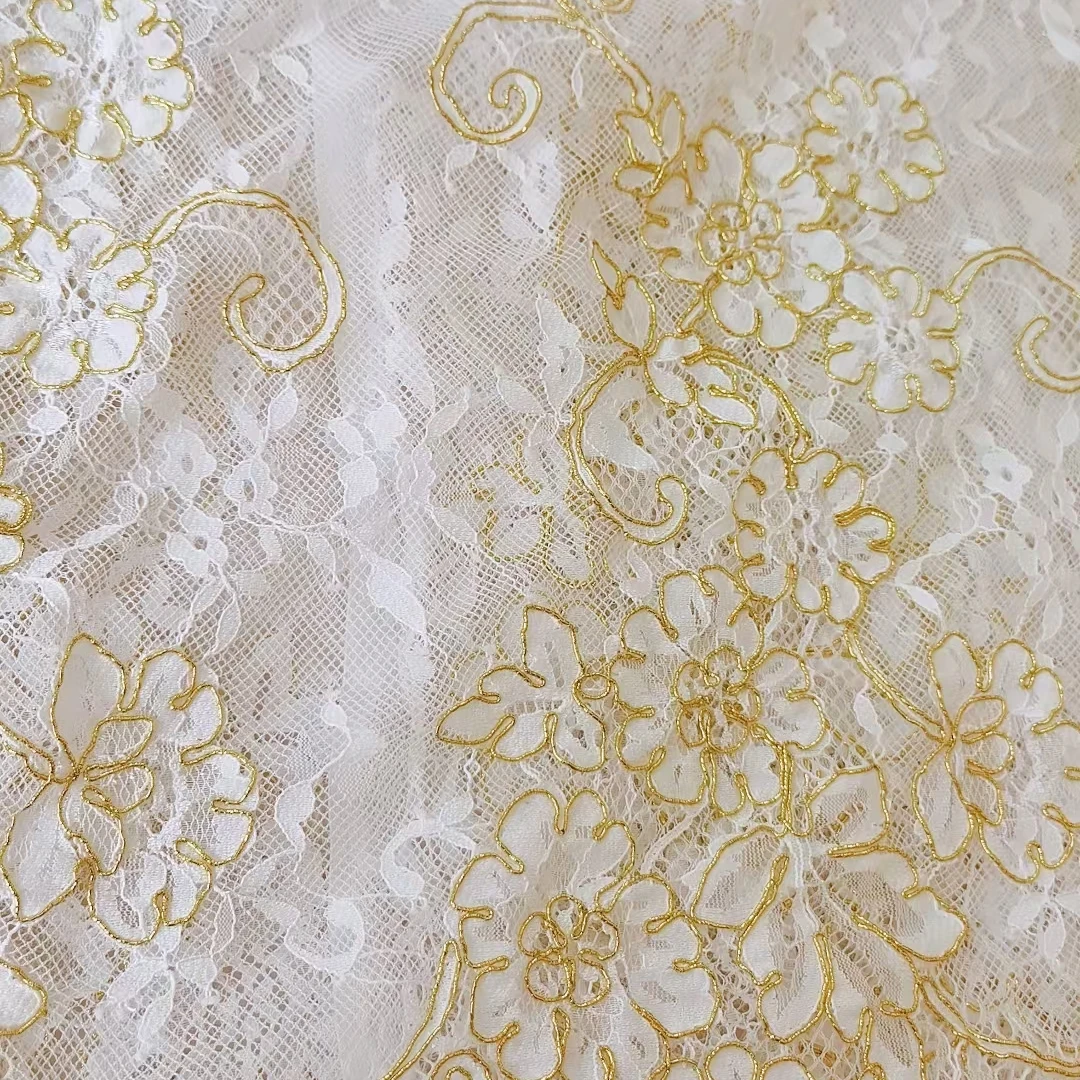 Off White Colour Elelashes French Lace with Gold Cording Luxury Costume Garment Fabric Sewing Material 2025 Customized DIY Lace