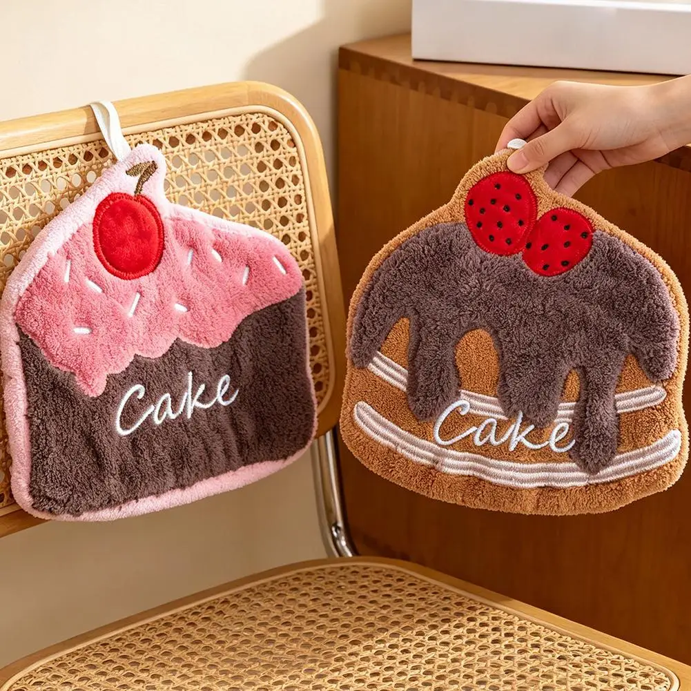 Hanging Hand Towel Cute Cartoon Cake Shape Absorbent Coral Fleece Soft Wiping Cloth for Kitchen Bathroom Children