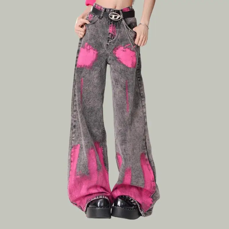 Hot 2026 Spring/summer New Women Clothing American High Street Graffiti Jeans High Waist Loose Fit Wide Leg Floor Length Pants