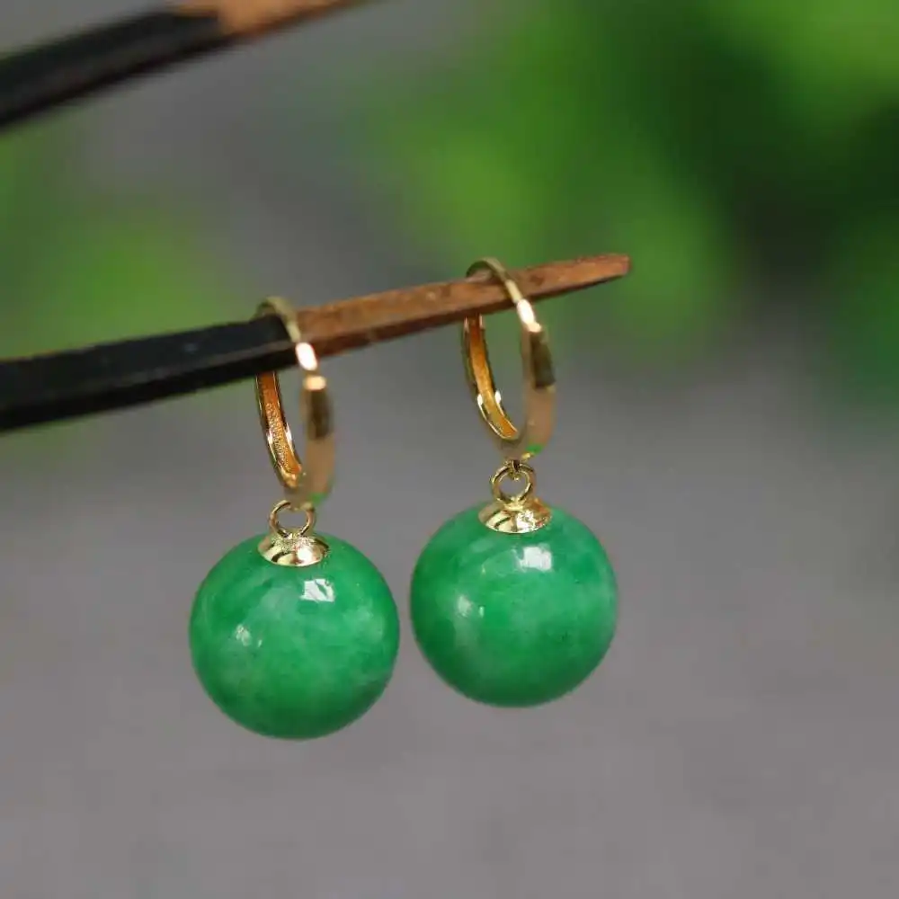 10mm Natural Jadeite Jade Beads Earrings 18k Hook Eardrop Freshwater Jewelry Easter Hook Party Lucky Ear stud New Year