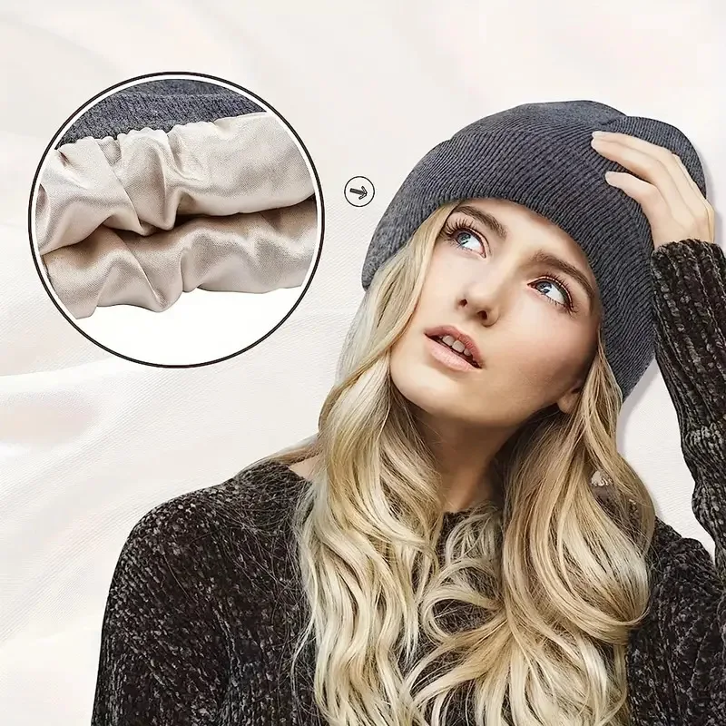 Unisex Knitted Satin Lined Beanies Women Winter Slouchy Warm Cuffed Skullies 2Layer Anti Static Hair Cover Sleep Y2K HipHop Cap