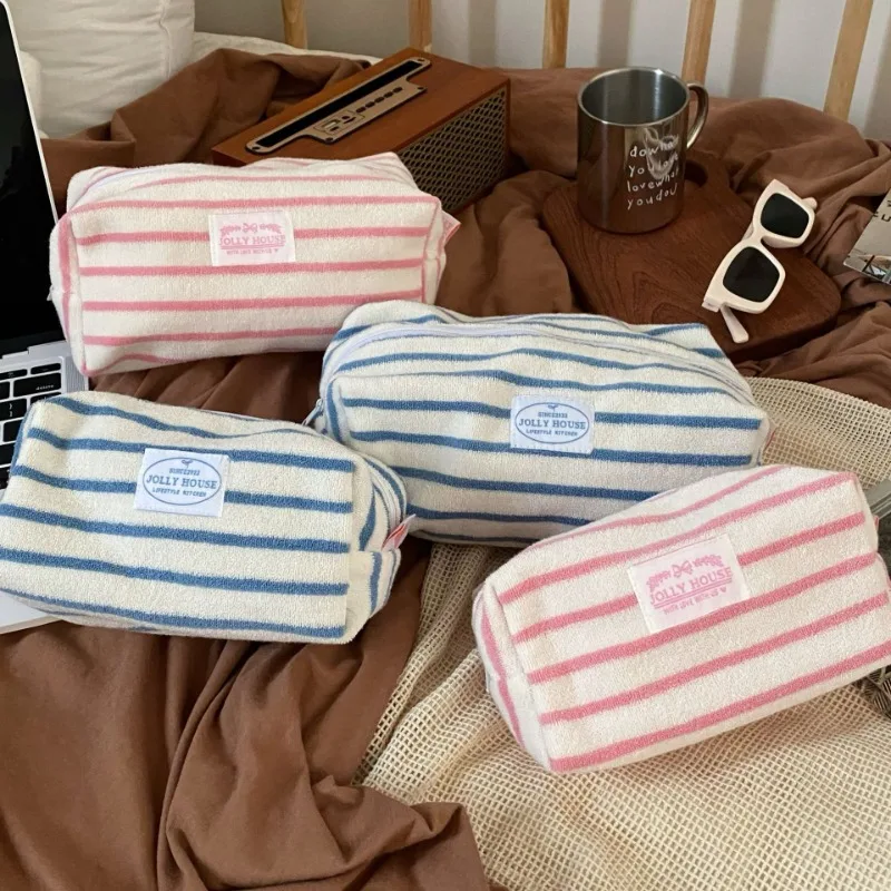 INS Simplicity Korean Fashion Pencil Case Student Pink Blue Color Striped Makeup Case Portable Large Capacity Stationery Bag