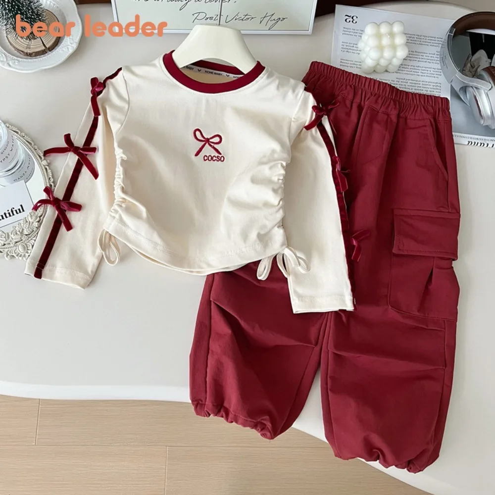 Bear Leader Autumn New Red Girls' Clothing Fashion Sports Children's Set Bow Letter Embroidery Long Sleeve Top + Work Pants
